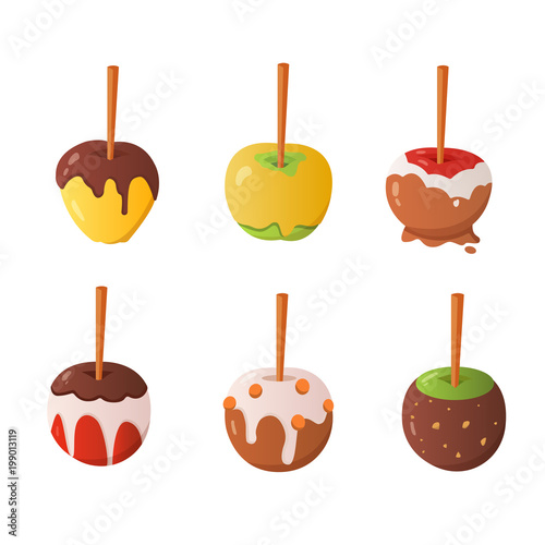 Sweet caramel and chocolate candy apple set. Vector illustration in cartoon style.