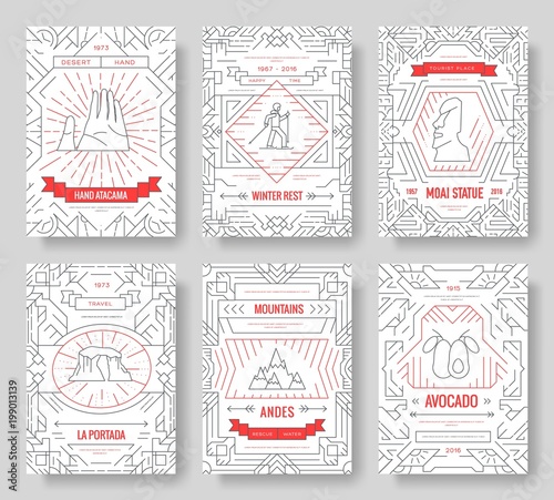 Chile vector brochure cards thin line set. Country travel template of flyear, magazines, posters, book cover, banners. Layout culture monument outline illustrations modern pages