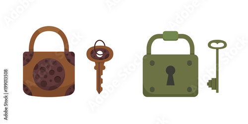 Set of vintage keys and locks. Vector illustration cartoon padlock. Secret, mystery or safe icon.