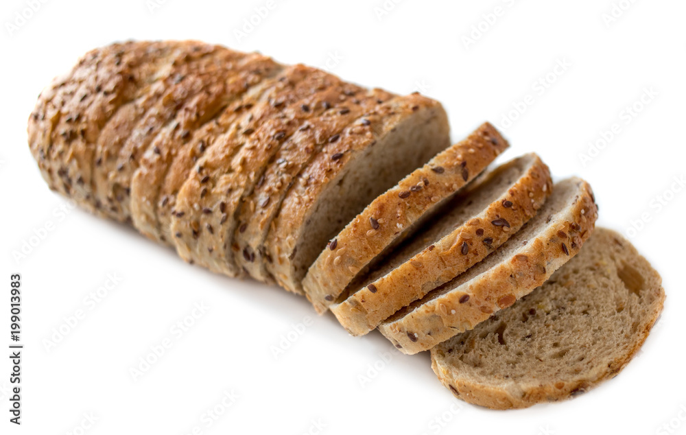 Top view of sliced wholegrain loaf  bread  isolated on white background closeup.