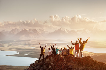 Big group of people success mountain top