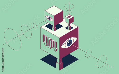 404 Page not found concept. Abstract construction made of cubes with eyes on light green background.
