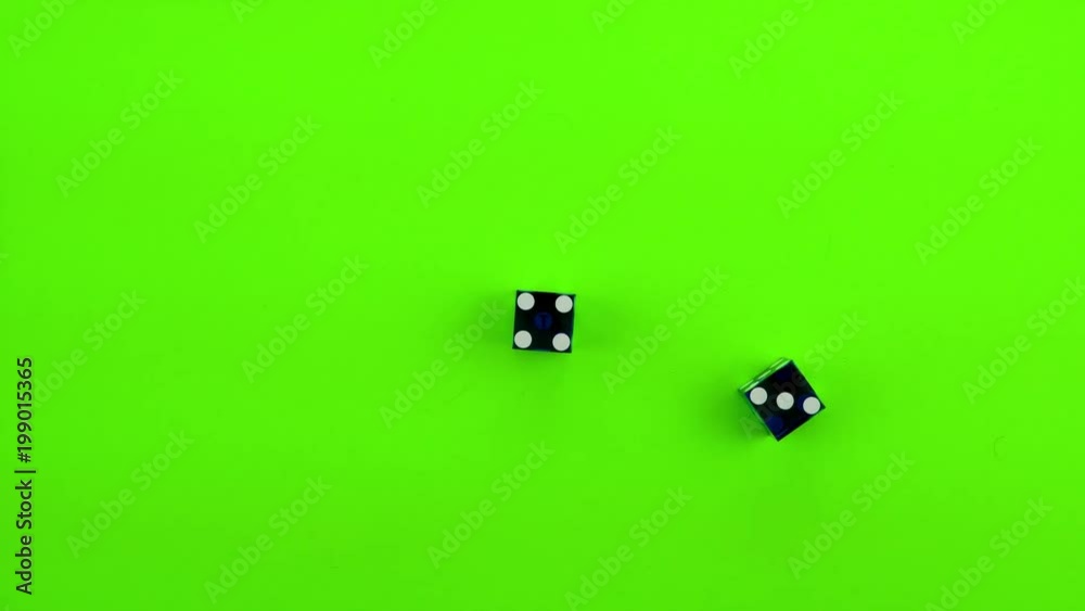 Blue casino dice being rolled and settling on seven (all three combinations) on a green screen. Multiple rolls.