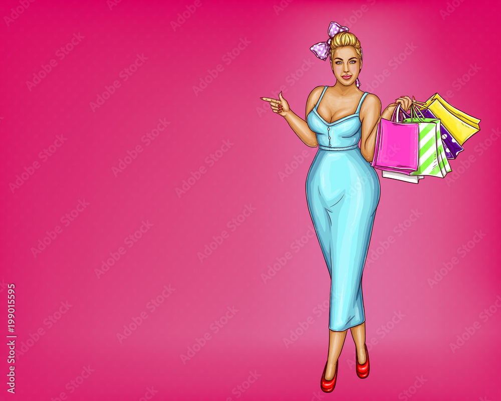 Φωτογραφία Vector blonde overweight woman in blue dress, bow-knot on pink background holds bags, packages after shopping