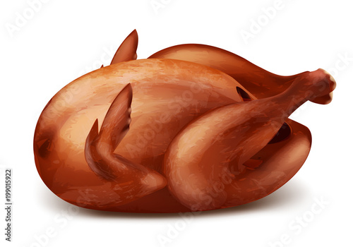 Vector 3d realistic illustration of roasted turkey or grilled chicken with crispy crust, baked white poultry meat, isolated on white background. Traditional food for Christmas or Thanksgiving day