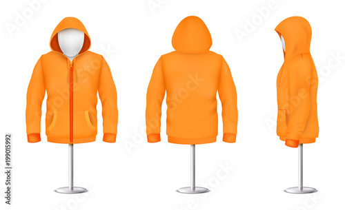 Vector realistic orange hoodie with zipper on mannequin and metal pole, casual unisex model with long sleeves and pockets, sweatshirt with hood isolated on background. Mockup for clothes design