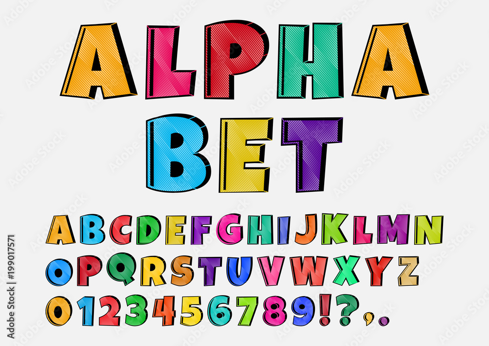 Colorful cartoon font, alphabet and numbers. Vector illustration