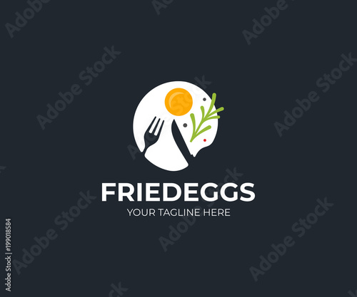 Fried egg logo template. Morning breakfast vector design. Fast food and rosemary logotype