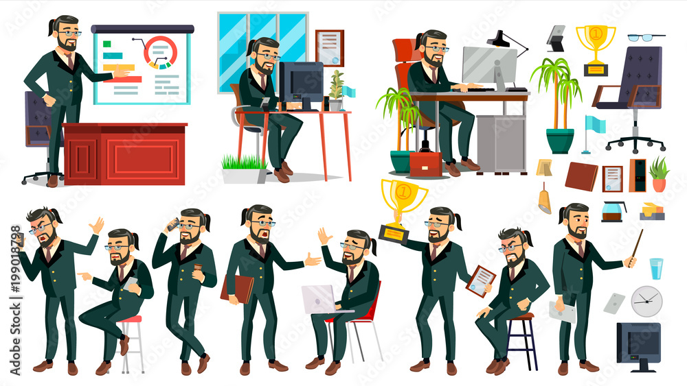 Boss CEO Character Vector. CEO, Managing Director, Representative Director. Poses, Emotions. Boss Meeting. Cartoon Business Illustration