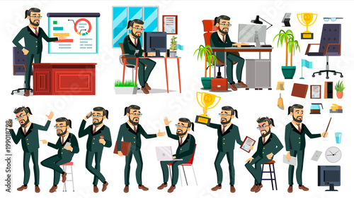 Boss CEO Character Vector. CEO, Managing Director, Representative Director. Poses, Emotions. Boss Meeting. Cartoon Business Illustration
