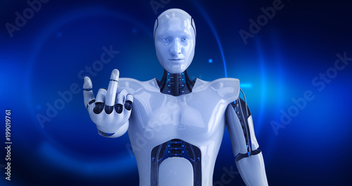 Fototapeta Naklejka Na Ścianę i Meble -  Humanoid futuristic male robot giving middle finger. 3D Render