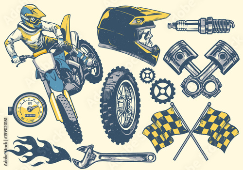 set of motocross objects in retro hand drawing style