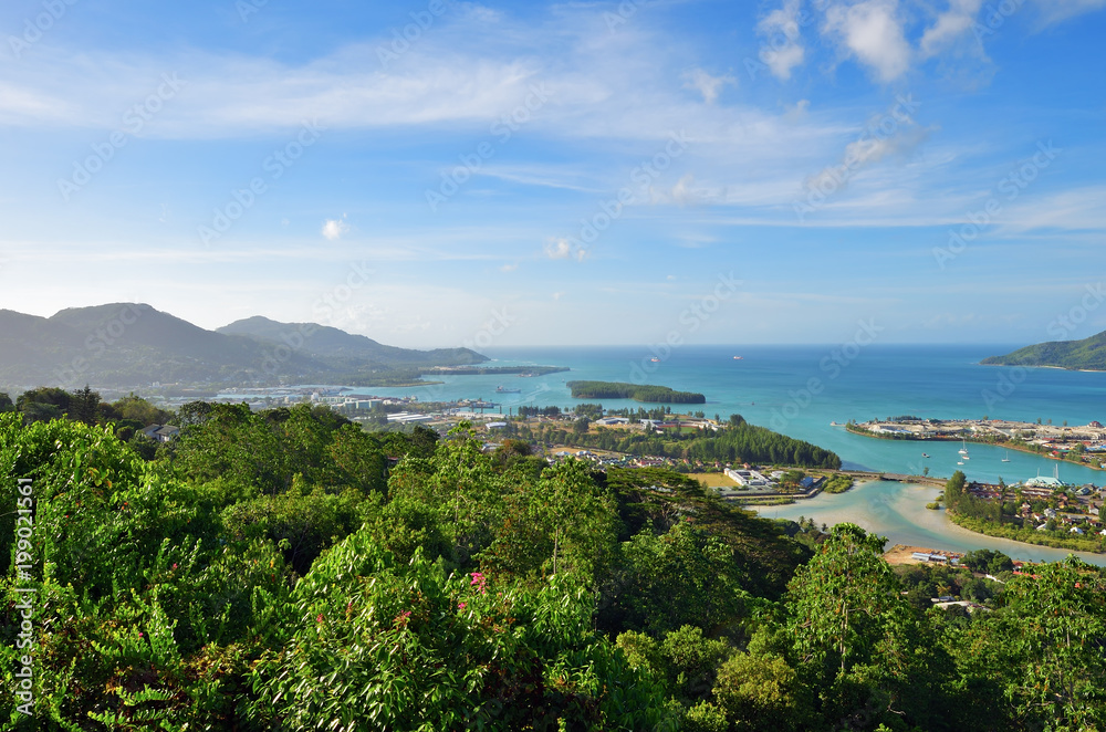 Aerial view on the coastline of the Seychelles Islands and luxury Eden Island from Victoria viewpoint, Mahe