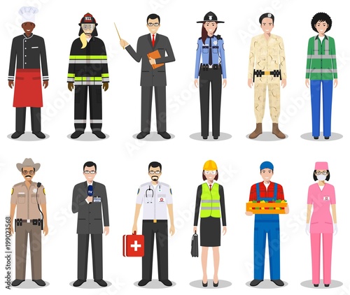 People occupation characters set in flat style isolated on white background. Different men and women professions characters standing together. Templates for infographic, sites, social networks. Vector