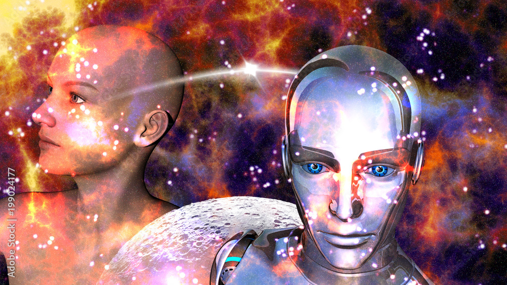 Artificial Intelligence - Robot woman connected to a female Artificial Intelligence - Robot woman connected to a female