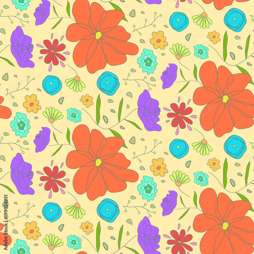 Bright warm seamless pattern with sketch cartoon colorful ditsy flowers. Cute doodle floral texture on yellow background for textile, bedclothing, wrapping paper, wallpaper, cover, underwear