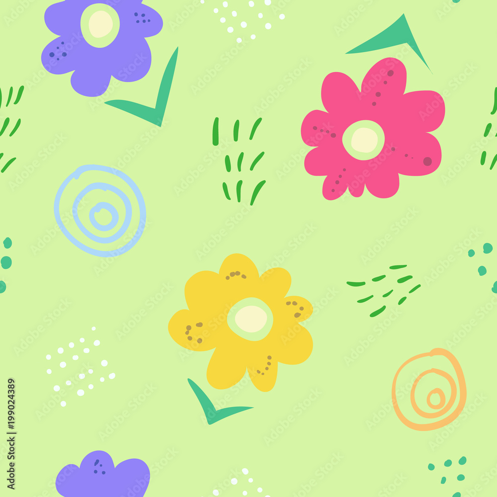 Cute simple kids doodle flowers on green seamless pattern. Lovely naive texture with yellow, pink and blue flowers, lines and blotches for textile, wrapping paper, surface, wallpaper, background