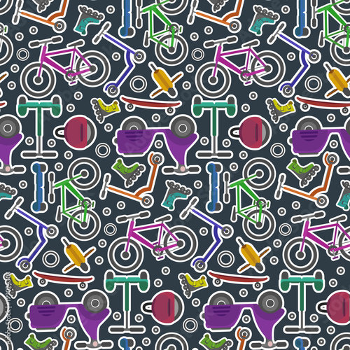 Bright colorful youth city transport in sticker style seamless pattern. Contrast cute urban ecological transport texture for textile, wrapping paper, package, background, surface