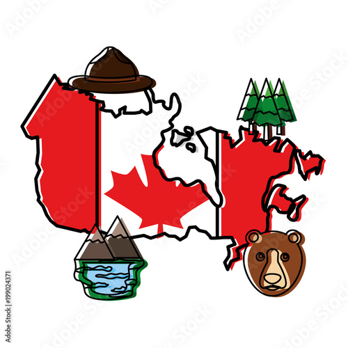 canadian map with flag and set icons vector illustration outline