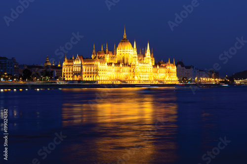 Spotlighted Parliament building in Budapest at night