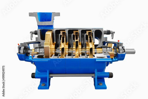 Industrial high-pressure water pump for cold water supply, prepared, open for maintenance and repair. Isolated on white background.