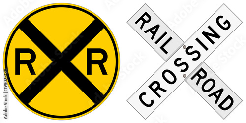 Fotografia Vector illustration of two railroad crossing signs: a round sign and a crossbuck