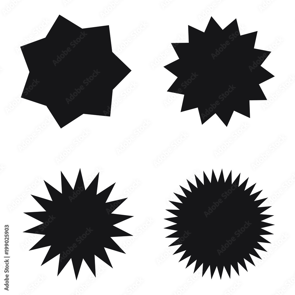 Set of starburst, sunburst badges. Design elements - best for sale sticker, price tag, quality mark. Flat vector illustration isolated on white background. Set of starburst, sunburst badges. Design elements - best for sale sticker, price tag, quality mark. Flat vector illustration isolated on white background.