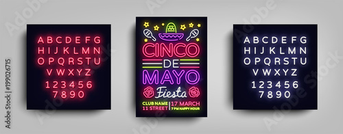 Cinco de Mayo poster design neon style template. Neon sign, bright light neon flyer, Mexican holiday. Invitation to party, festival, celebration, fiesta. Vector illustration. Editing text neon sign