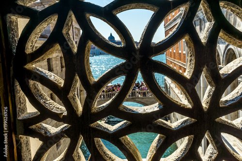 Touirists Colorful Side Canal Bridge Sighs Doges Palace Venice Italy photo