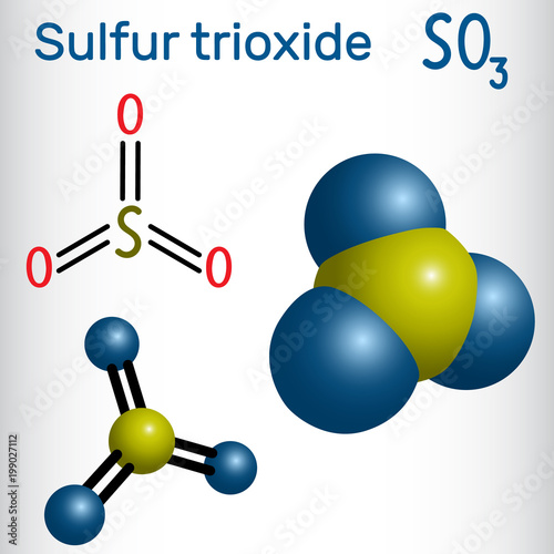 Sulfur trioxide (sulfuric anhydride, SO3) molecule. Structural chemical formula and molecule model photo