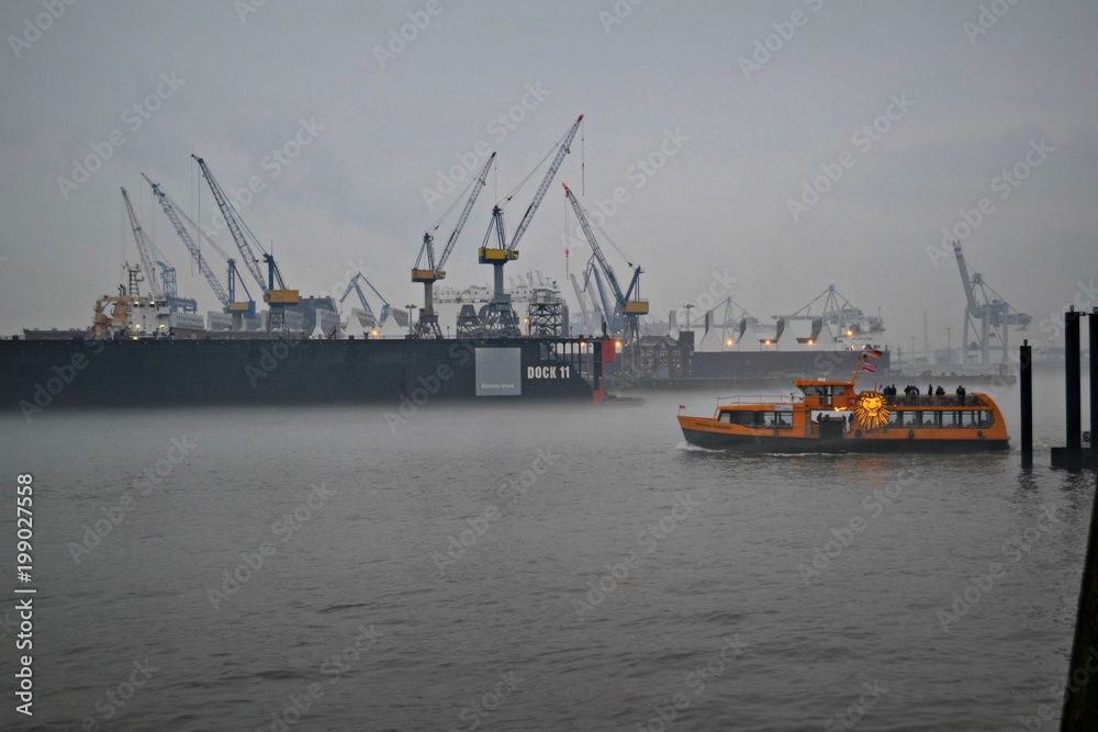 Hamburg, Germany, ships in a misty port
