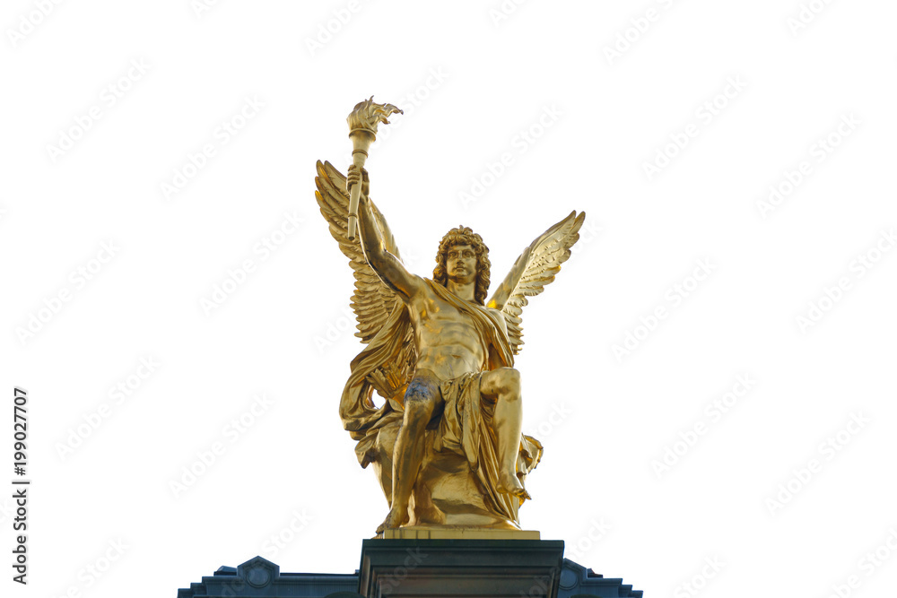 Golden statue of Eros, Dresden, Saxony, Germany isolated on white background