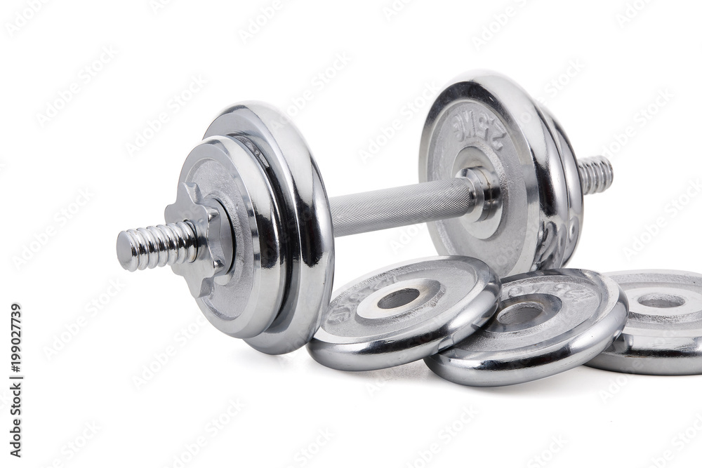 Steel dumbbell and weights. Steel dumbbell and weights.
