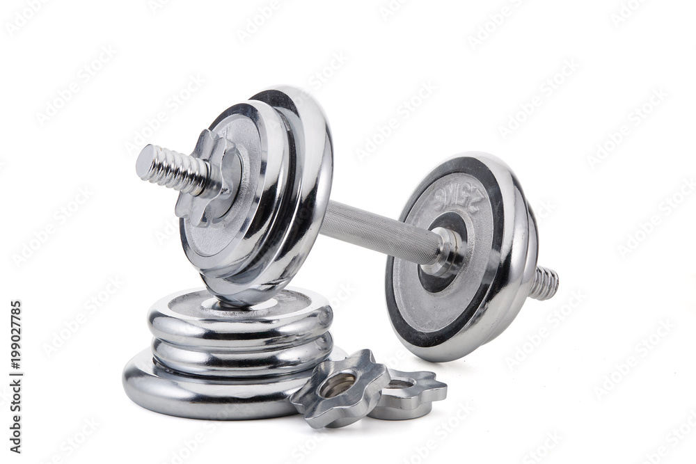 Steel dumbbell and weights. Steel dumbbell and weights.
