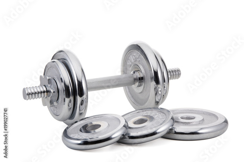 Steel dumbbell and weights.