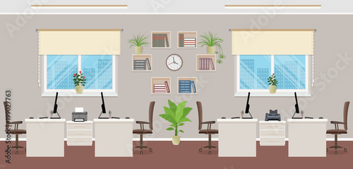 Openspace interior design with four workplaces. Office interior concept including office furniture and windows.