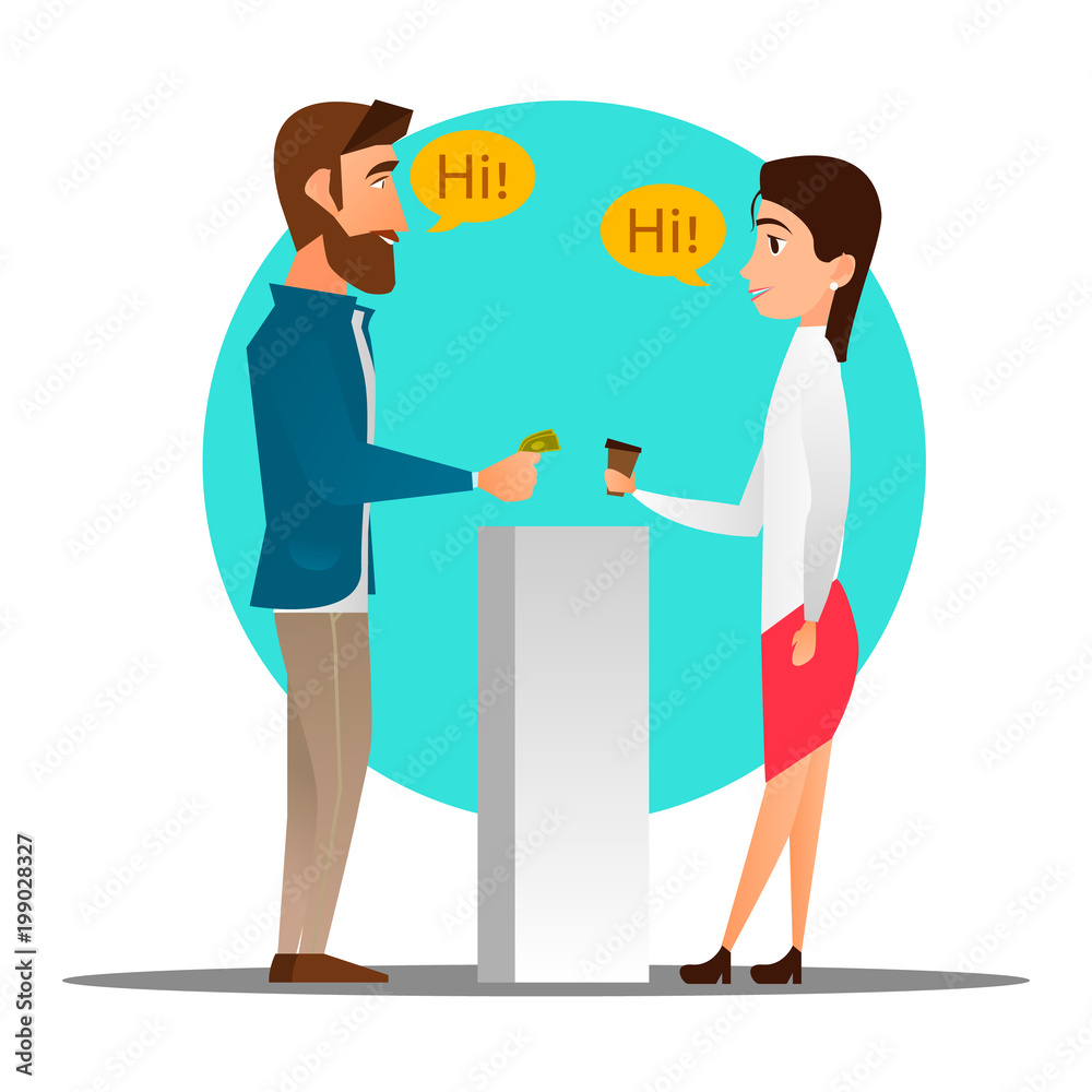 Man is buying coffee, the seller is a woman. Vector illustration of a customer buying coffee. The saleswoman with cups of coffee. Flat style design element, icon, isolated on white background.