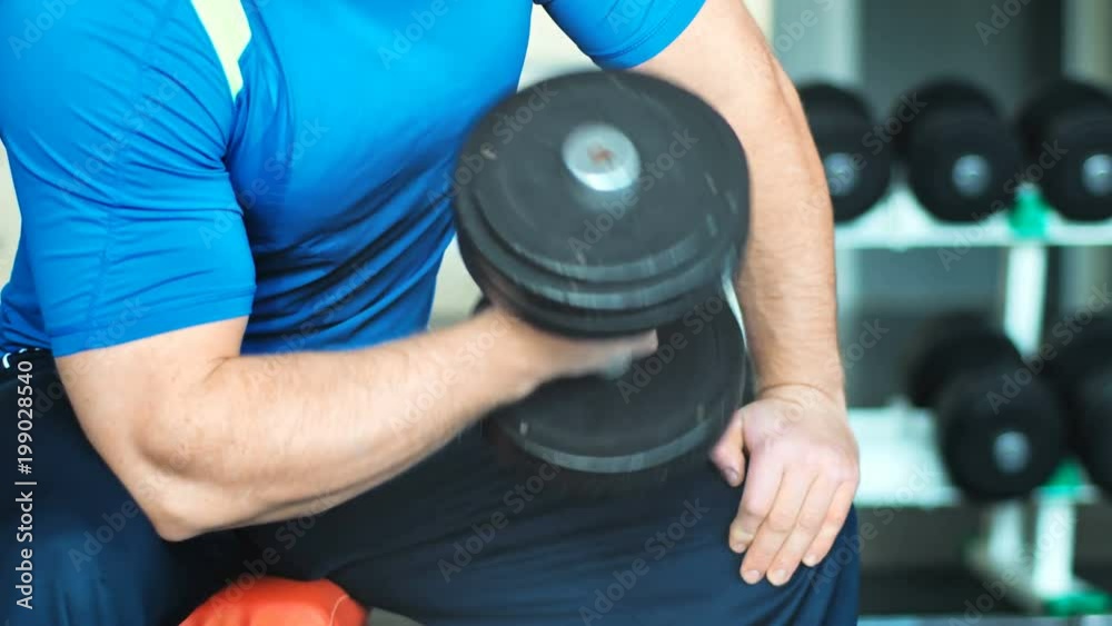 Muscular man doing exercises with dumbbells at biceps in gym Muscular man doing exercises with dumbbells at biceps in gym