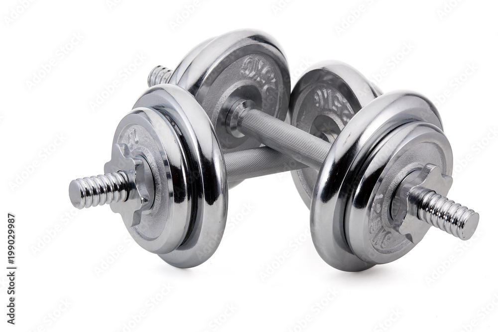 Steel dumbbell and weights. Steel dumbbell and weights.