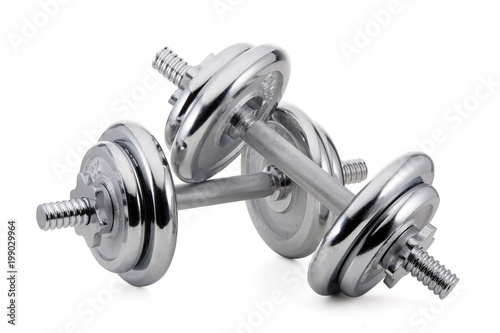 Steel dumbbell and weights.