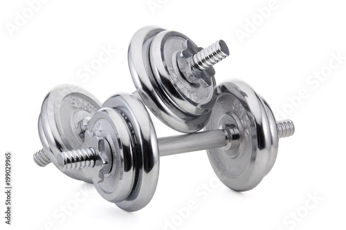 Steel dumbbell and weights.