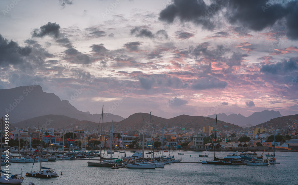 Ferry in Mindelo Harbor in the early morning light on Sao Vicente Island, Cape Verde