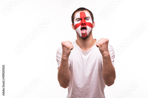 Fotografi Victory, happy and goal scream emotions of british football fan in game support of England national team on white background