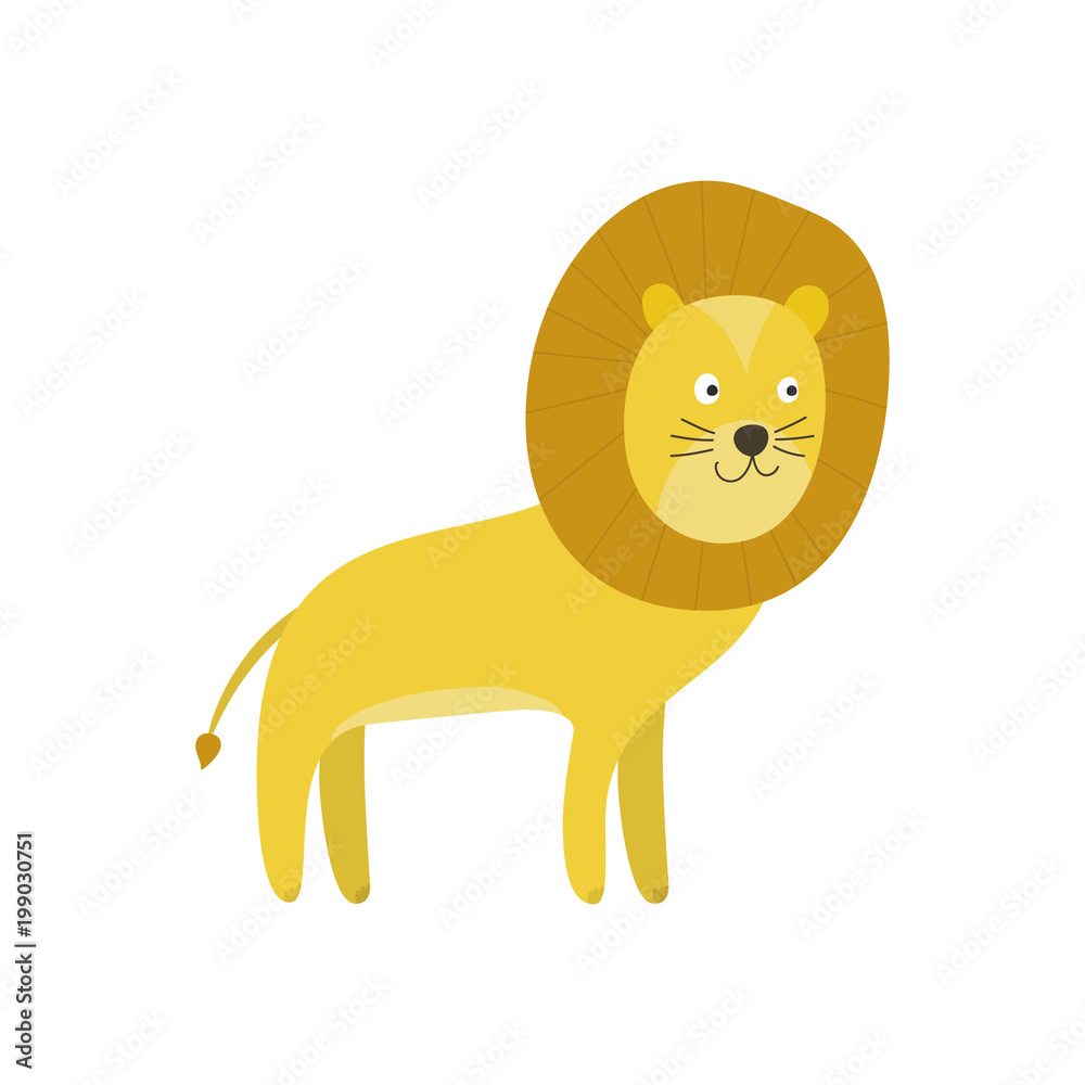 Cute cartoon smiling yellow lion character with mane. Childish flat illustration of animals king lion for kids book design, stickers, educational and fun games, print Stock Vector | Adobe Stock Cute cartoon smiling yellow lion character with mane. Childish flat illustration of animals king lion for kids book design, stickers, educational and fun games, print Stock Vector | Adobe Stock