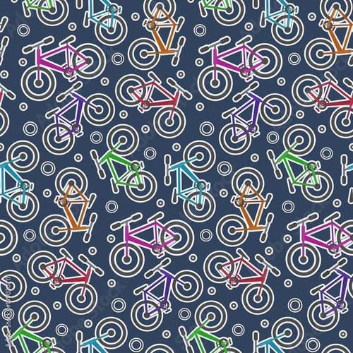 Fototapeta Kolorowe naklejki rowerowe na ciemny niebieski wzór. Tekstura śliczny młodości miastowy ekologiczny nastolatka miasta transport w majcheru stylu dla tekstylnego, opakunkowy papier, pakunek, tło, powierzchnia