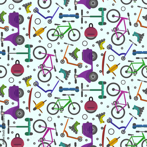 Colorful teenager city transport seamless pattern on light blue background. Bright colors youth urban eco transport bike, skate, kick scooter texture for textile, wrapping paper, package