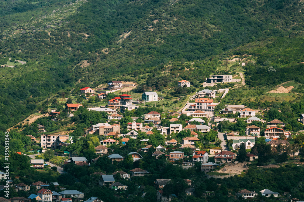 Mtskheta Georgia. Top View Of New Cottage Village Surrounded By 