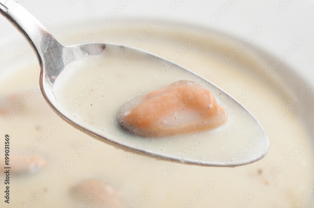 closeup of mold in spoon over a plate of soup closeup of mold in spoon over a plate of soup