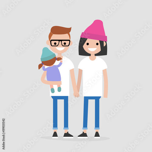 Young modern family: two parents and their baby. Millennials. Young adults. Lifestyle / flat editable vector illustration, clip art
