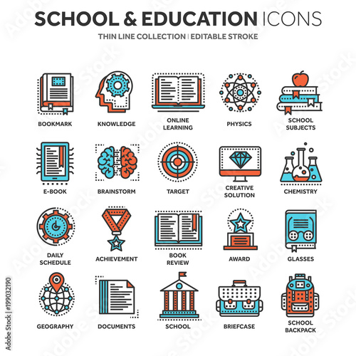 School education, university. Study, learning process. Oline lessons, tutorial. Student knowledge. History book.Thin line web icon set. Outline icons collection.Vector illustration.